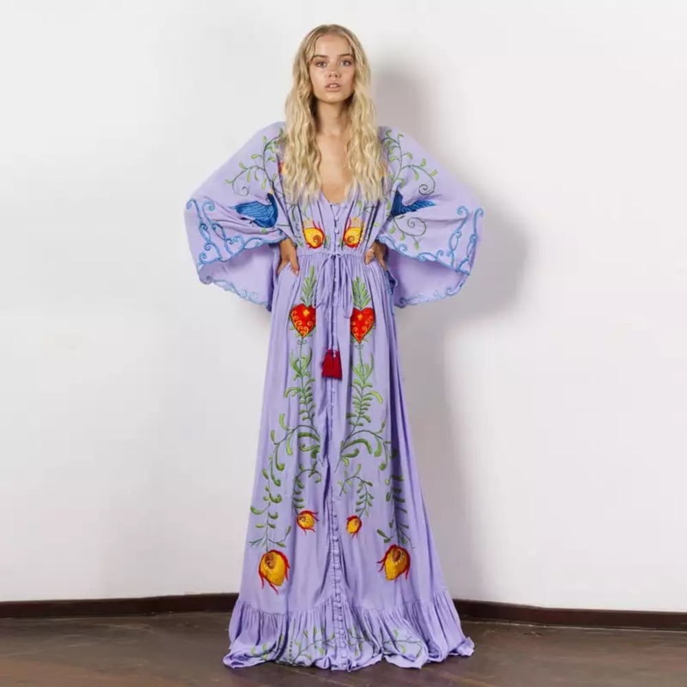 Adorè Hearts Magic 5 Star ⭐️ Maxi Dress Embroidered Lilac Bohemian Kimono Gown - Picture 3 of 4